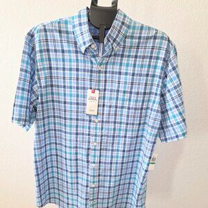 IZOD SALTWATER RELAXED CLASSIC NWT MEN LT SHORT SLEEVE BLU E WHITE PLAID SHIRT